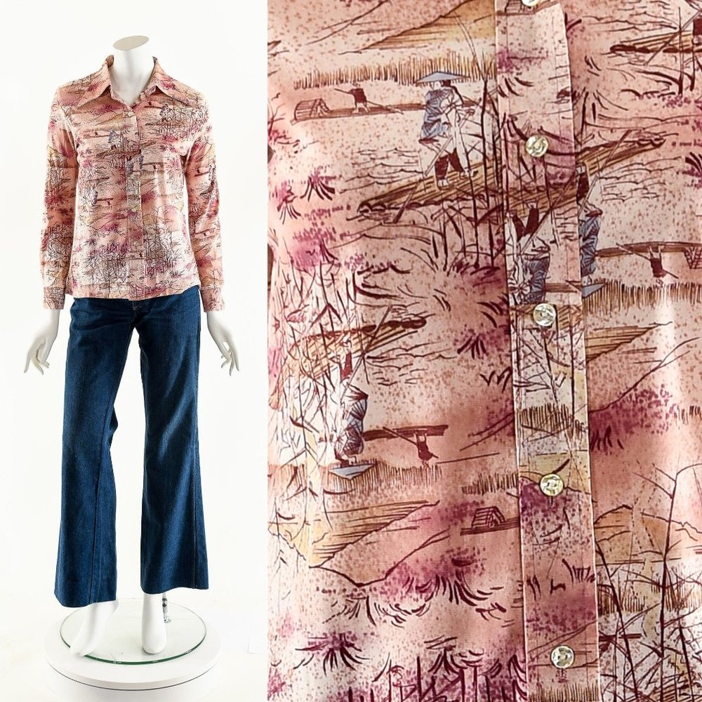 Novelty Print Blouse,Transcendental Button Down,Scenic Asian Landscape Print,Asi